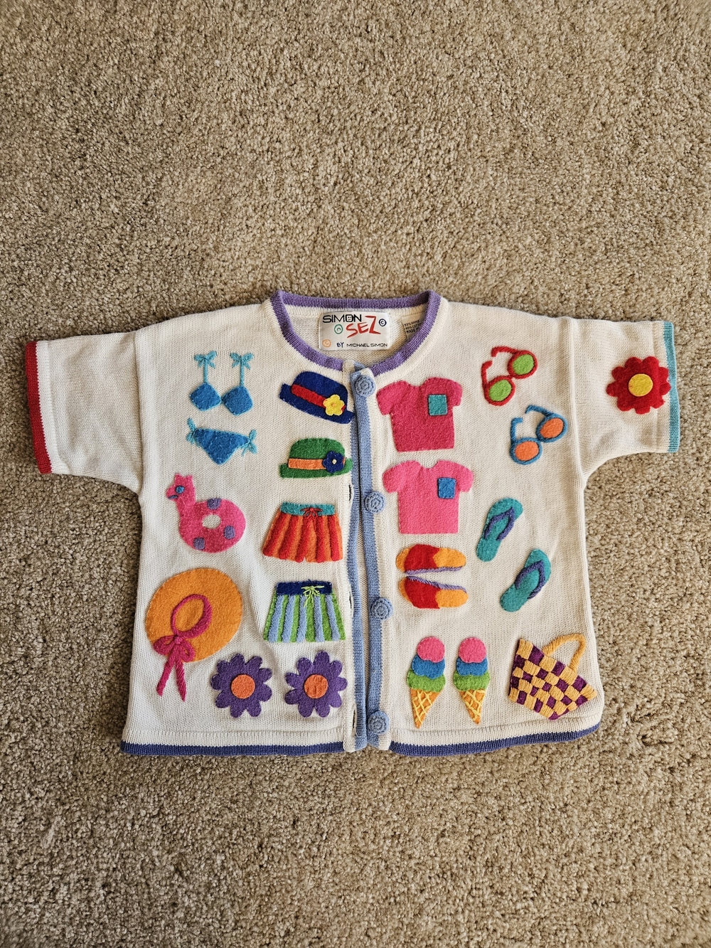 Simon Sez By Michael Simon Cream Knit Cardigan with Summer Appliques - Size 4/5